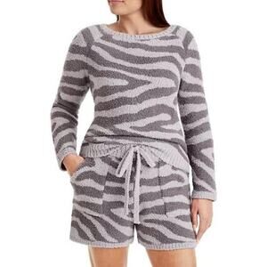 Womens Cozy Lounge Shorts Set Long Sleeve Pullover Luxury Sherpa Zebra Gray M